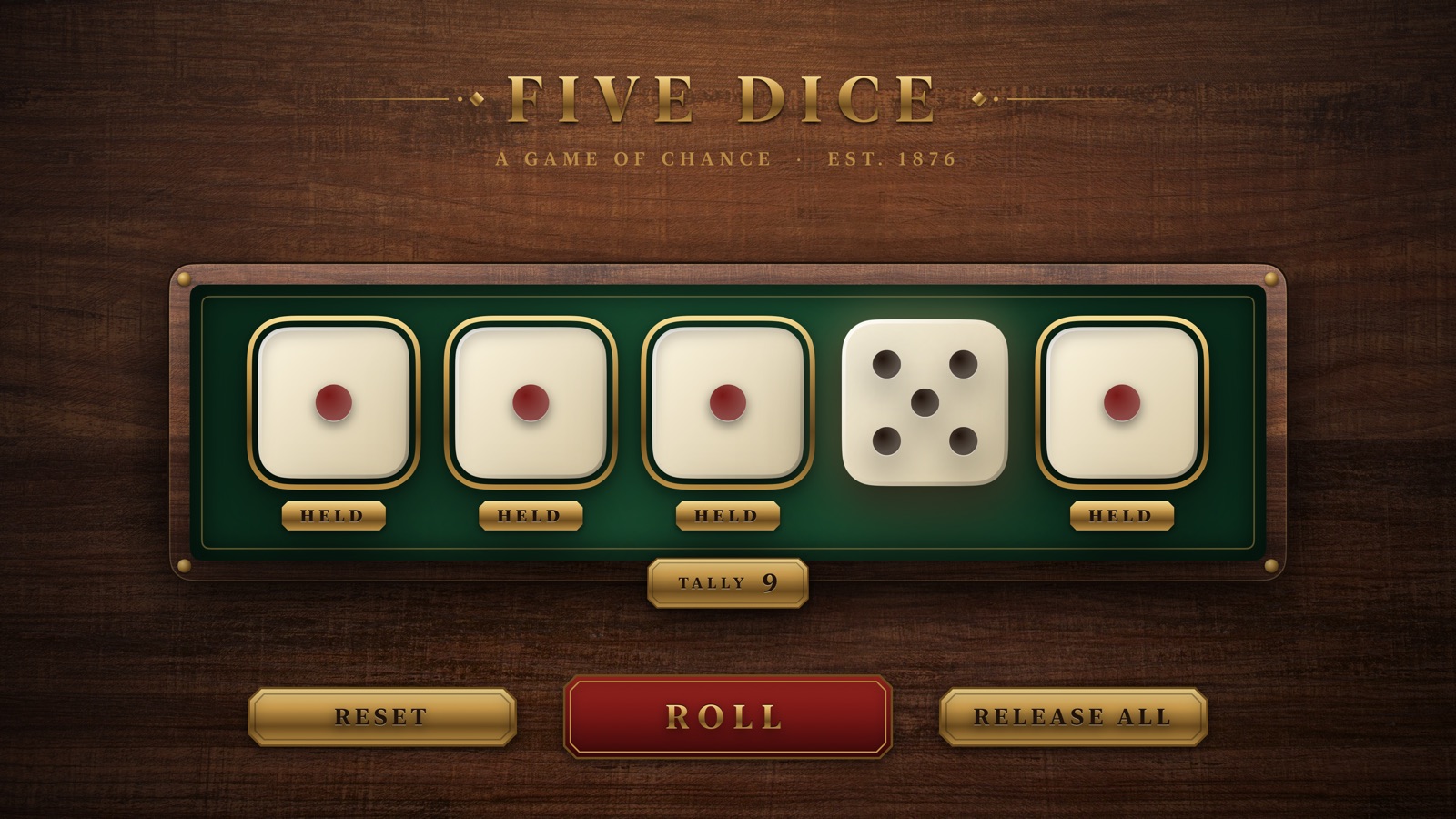 Four held aces with oversized red pips beside a single five.