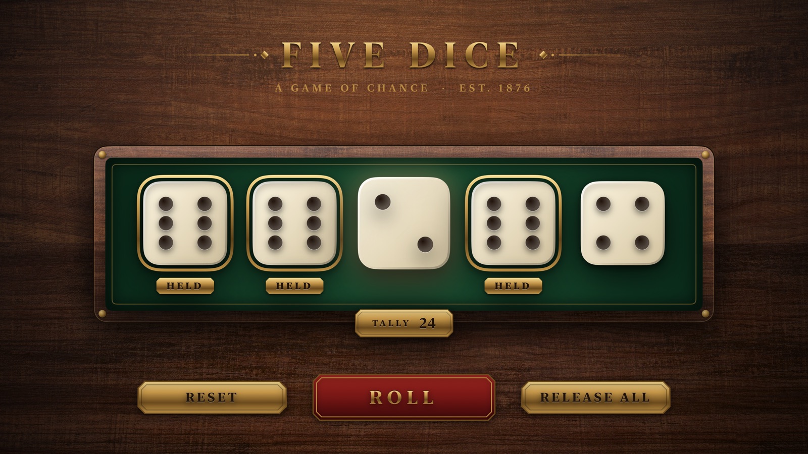 Three sixes held with brass rings and HELD tags while two dice remain free to roll.