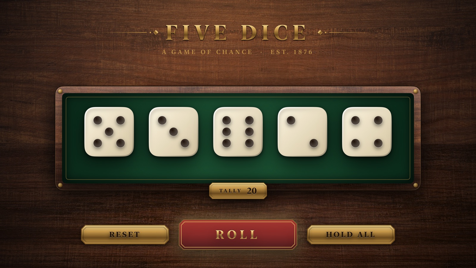 Five ivory dice on green felt showing five, three, six, two and four, with a tally of 20.
